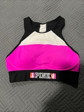 PINK Victoria's Secret Hot Pink, Black & White High Neck Sports Bra